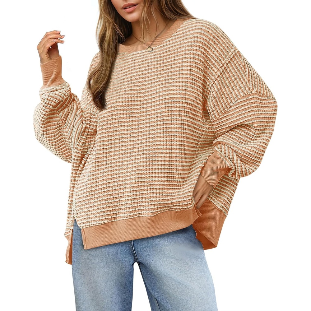image:imageFisoew Womens Fall Oversized Sweatshirt Casual Waffle Knit Long Sleeve Crewneck Split Pullover Tunic TopsApricot