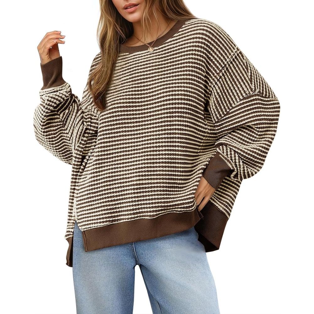 image:imageFisoew Womens Fall Oversized Sweatshirt Casual Waffle Knit Long Sleeve Crewneck Split Pullover Tunic TopsDark Brown