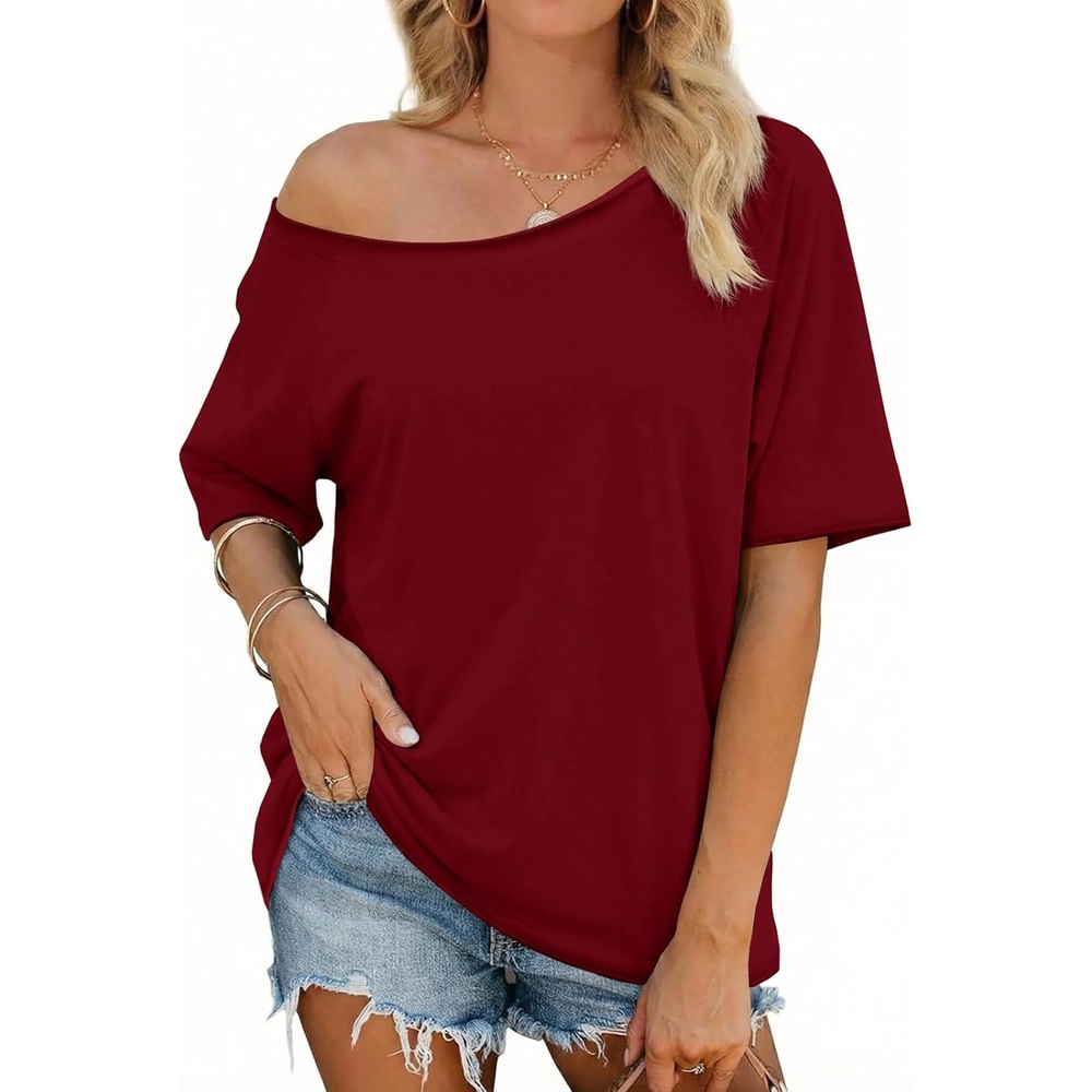 image:imageFisoew Womens Off The Shoulder Tops Oversized Short Sleeve TShirts 2026 Summer Spring Casual Fashion Tees Burgundy