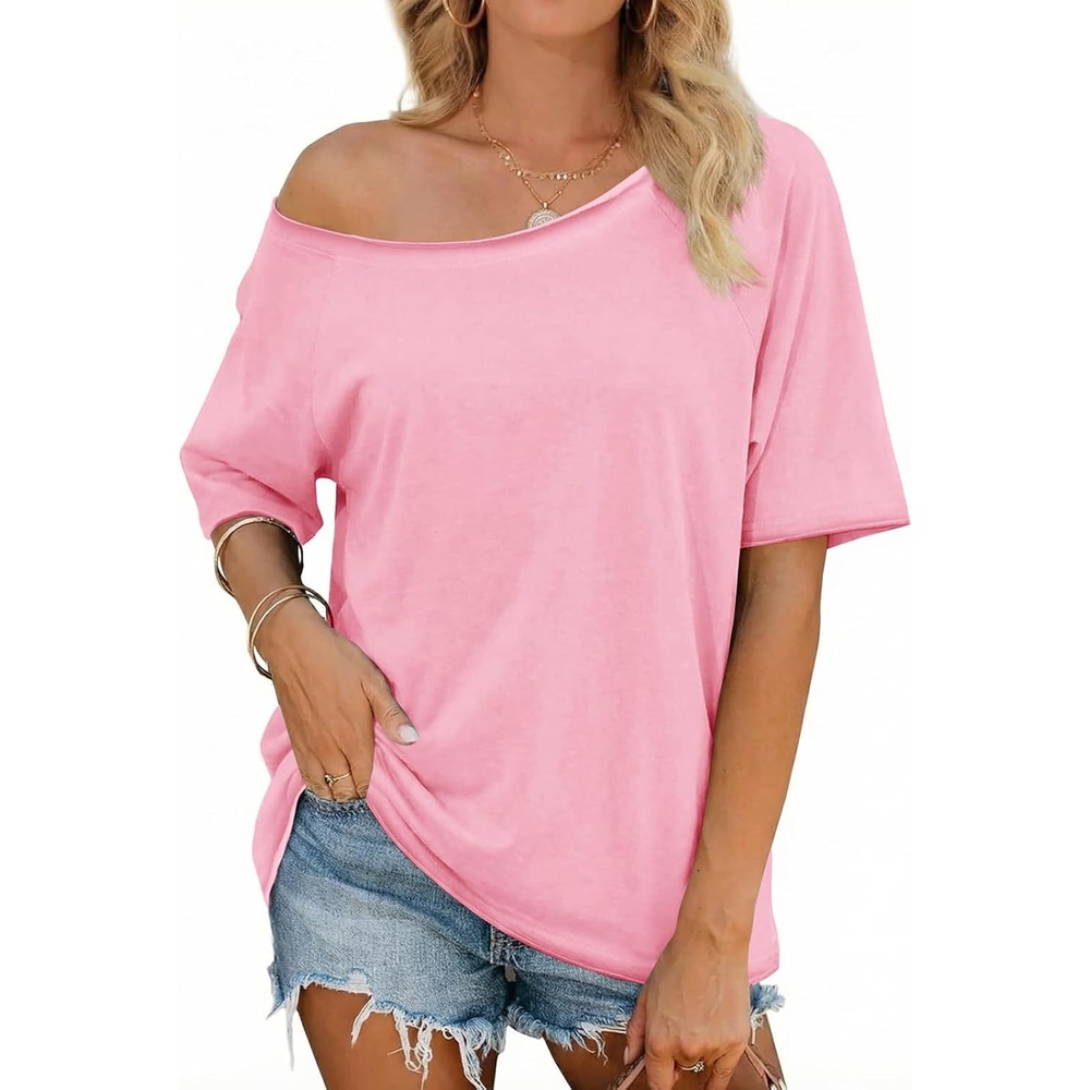 image:imageFisoew Womens Off The Shoulder Tops Oversized Short Sleeve TShirts 2026 Summer Spring Casual Fashion Tees Pink