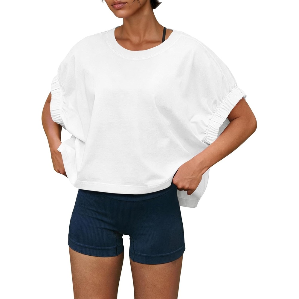 image:imageFisoew Womens Oversized Workout Tops Short Sleeve Elastic Cuff Loose Fit T Shirt Cropped Active Tee Gym Running ShirtsWhite