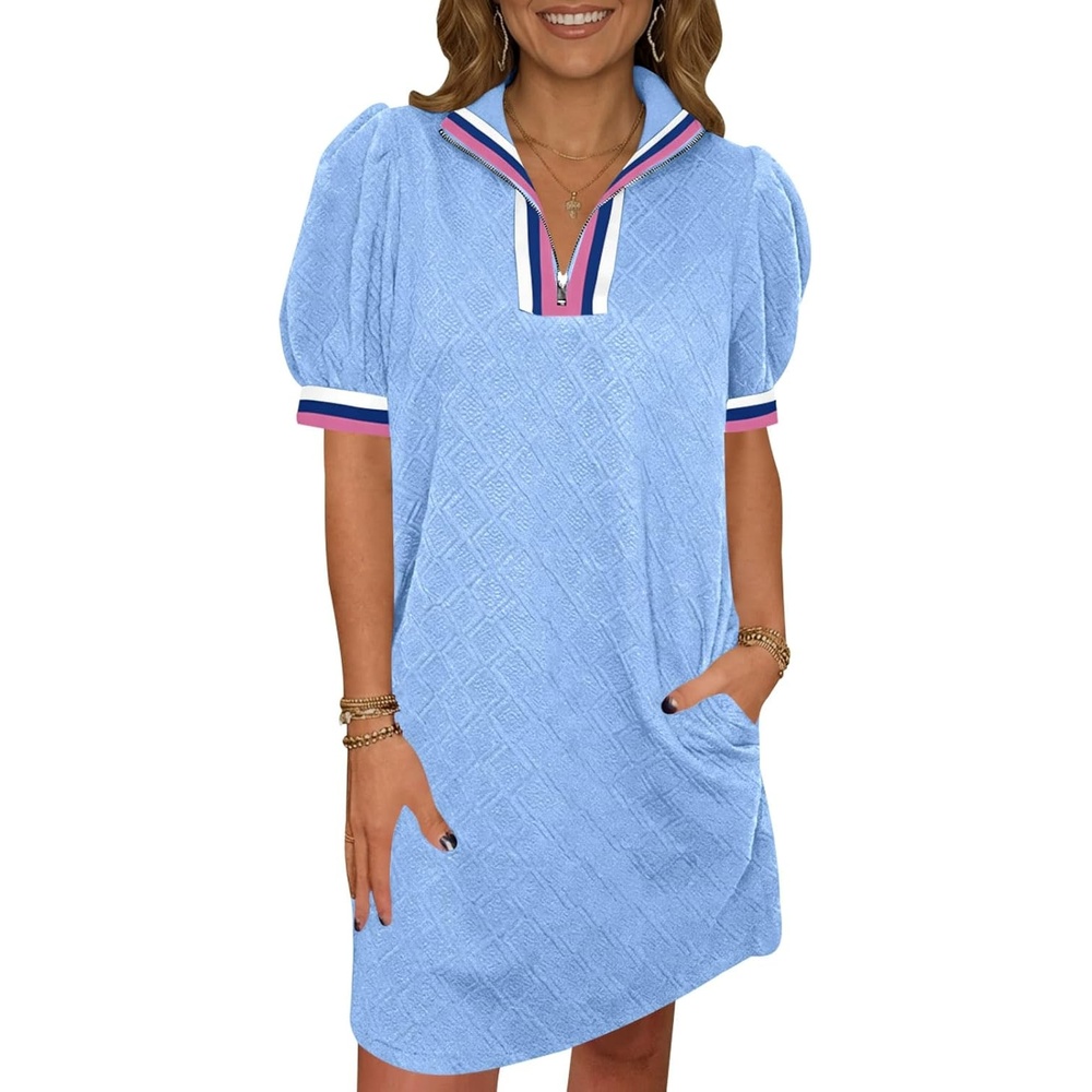 image:imageFisoew Womens Summer Puff Short Sleeve Mini Dress Quarter Zip V Neck Casual Textured Loose Fit Active Sweatshirt DressesSky Blue