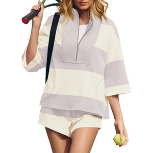 Fisoew Women 2 Piece Outfits Summer Striped Sweatshirt Workout Shorts Sets Matching Lounge Set Tracksuits