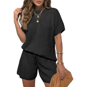 Fisoew Womens 2 Piece Lounge Sets Summer Short Sleeve Knit Sweater Loose Shorts Casual Matching Pajamas Travel Outfits(Black)