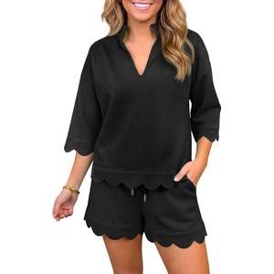 Fisoew Womens 2 Piece Short Sets Summer Casual Lounge Sets Short Sleeve Sweatshirts Drawstring Waist Shorts Tracksuits(Black)
