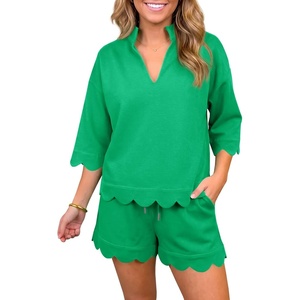 Fisoew Womens 2 Piece Short Sets Summer Casual Lounge Sets Short Sleeve Sweatshirts Drawstring Waist Shorts Tracksuits(Green)
