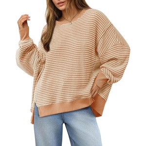 Fisoew Women’s Fall Oversized Sweatshirt Casual Waffle Knit Long Sleeve Crewneck Split Pullover Tunic Tops(Apricot)