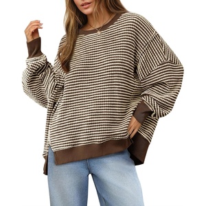 Fisoew Women’s Fall Oversized Sweatshirt Casual Waffle Knit Long Sleeve Crewneck Split Pullover Tunic Tops(Dark Brown)