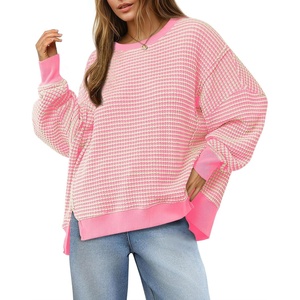 Fisoew Women’s Fall Oversized Sweatshirt Casual Waffle Knit Long Sleeve Crewneck Split Pullover Tunic Tops(Pink)