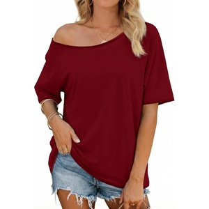 Fisoew Womens Off The Shoulder Tops Oversized Short Sleeve T-Shirts 2026 Summer Spring Casual Fashion Tees Burgundy