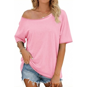 Fisoew Womens Off The Shoulder Tops Oversized Short Sleeve T-Shirts 2026 Summer Spring Casual Fashion Tees Pink