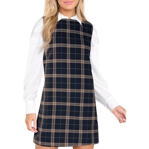 Fisoew Womens Plaid Christmas Mini Dress Fall Sleeveless Crew Neck Xmas Party Overall Dresses(Navy)