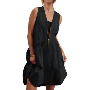 Fisoew Women’s Sleeveless Tank Mini Dress Casual Half Zip V Neck Loose Mesh Back Utility Summer Dresses with Pockets