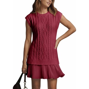 Fisoew Womens Summer Cable Knit Sweater Dress Sleeveless Crewneck Pullover Vest Lightweight Pleated Patchwork Mini Dress(Burgundy)