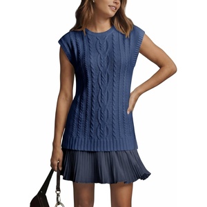 Fisoew Womens Summer Cable Knit Sweater Dress Sleeveless Crewneck Pullover Vest Lightweight Pleated Patchwork Mini Dress(Dark Blue)