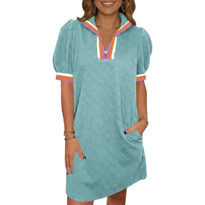 Fisoew Womens Summer Puff Short Sleeve Mini Dress Quarter Zip V Neck Casual Textured Loose Fit Active Sweatshirt Dresses(Lake Blue)