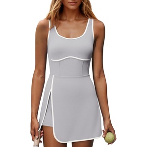Fisoew Womens Workout Tennis Dress with Built-in Bra & Shorts Pockets Sleeveless Cutout Golf Athletic Mini Dresses(Light Grey)