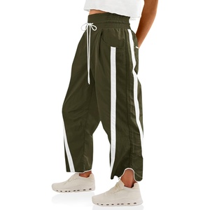 Fisoew Women’s Baggy Wide Leg Pants Casual Drawstring Elastic Waisted Contrast Color Workout Y2K Track Pants(Army Green)
