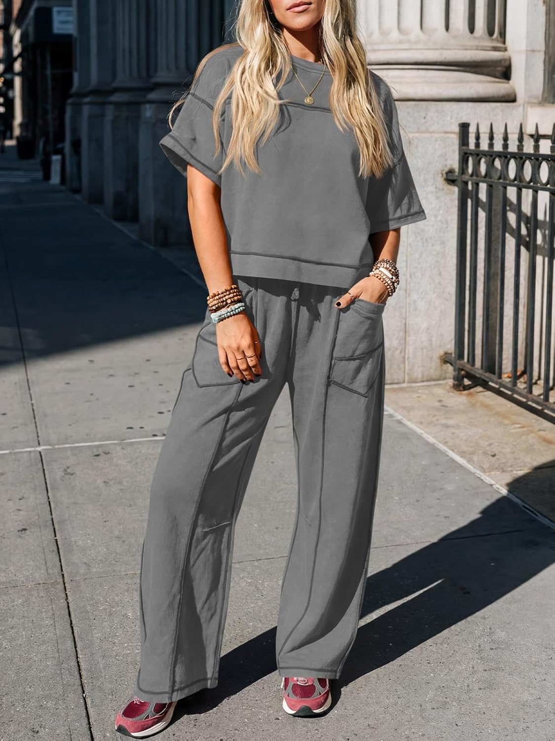 image:imageFisoew Womens 2 Piece Outfits Lounge Sets Short Sleeve Tops and Wide Leg Pants Travel Vacation Casual Matching SetsDark Grey