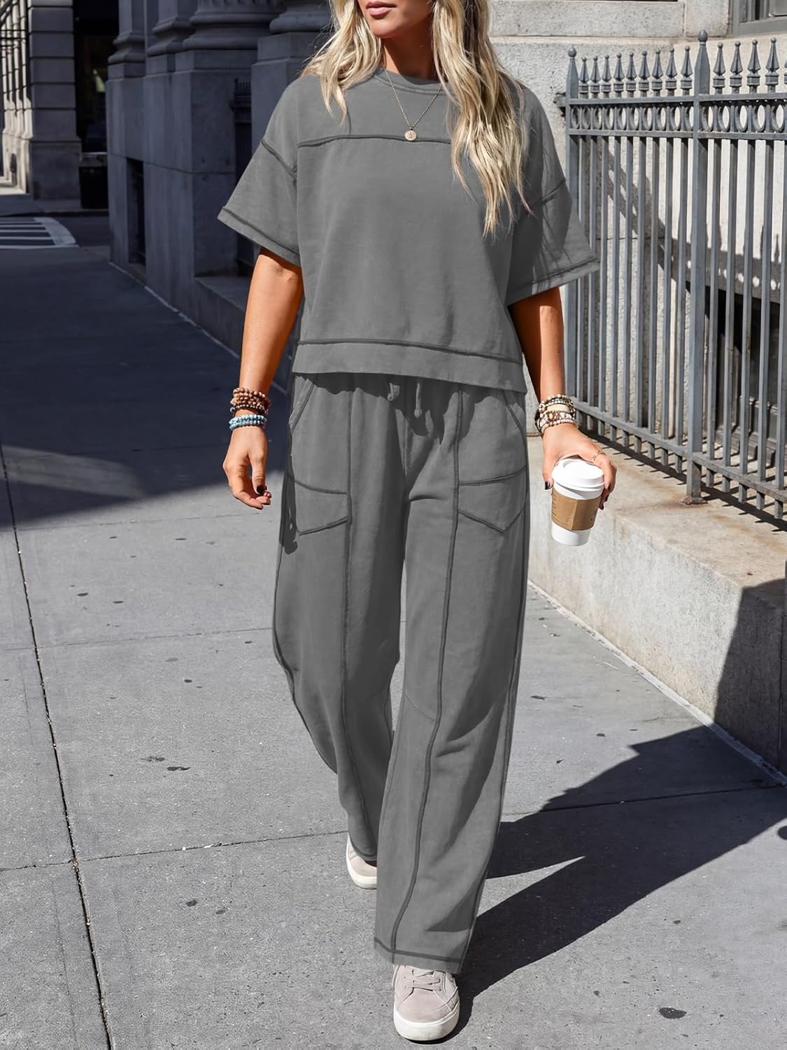 image:imageFisoew Womens 2 Piece Outfits Lounge Sets Short Sleeve Tops and Wide Leg Pants Travel Vacation Casual Matching SetsDark Grey