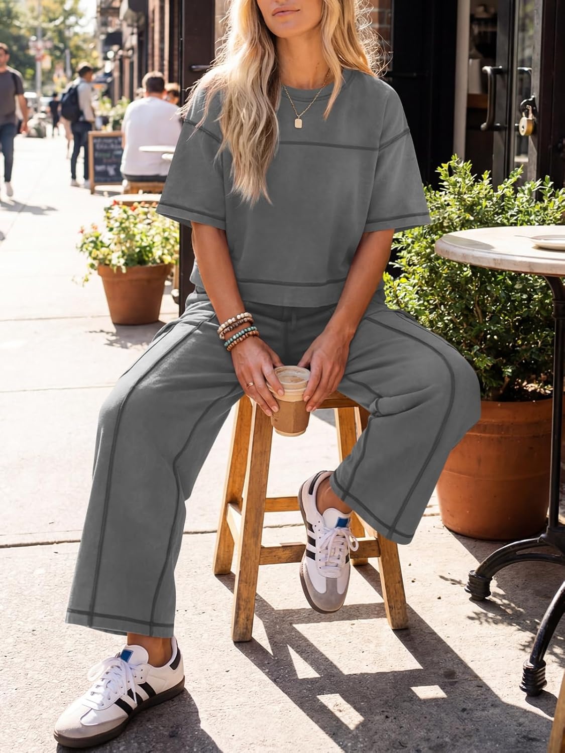 image:imageFisoew Womens 2 Piece Outfits Lounge Sets Short Sleeve Tops and Wide Leg Pants Travel Vacation Casual Matching SetsDark Grey