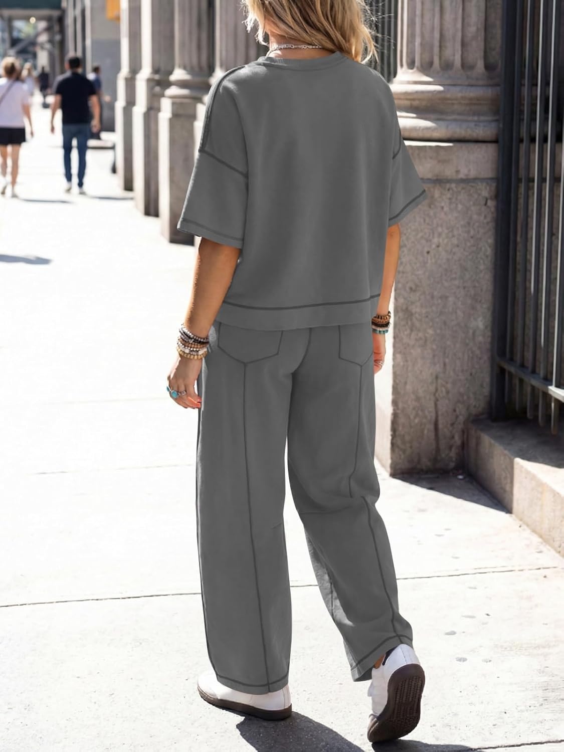 image:imageFisoew Womens 2 Piece Outfits Lounge Sets Short Sleeve Tops and Wide Leg Pants Travel Vacation Casual Matching SetsDark Grey