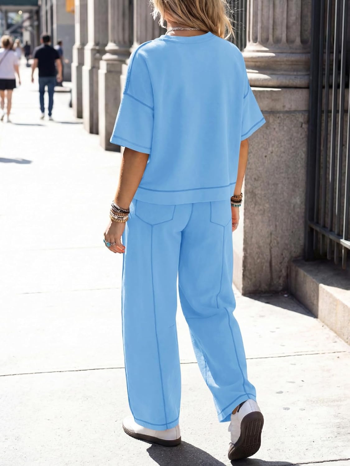 image:imageFisoew Womens 2 Piece Outfits Lounge Sets Short Sleeve Tops and Wide Leg Pants Travel Vacation Casual Matching SetsLight Blue