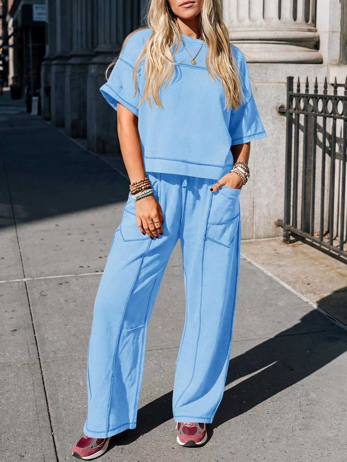 image:imageFisoew Womens 2 Piece Outfits Lounge Sets Short Sleeve Tops and Wide Leg Pants Travel Vacation Casual Matching SetsLight Blue