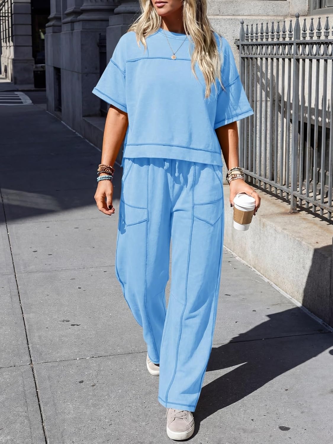 image:imageFisoew Womens 2 Piece Outfits Lounge Sets Short Sleeve Tops and Wide Leg Pants Travel Vacation Casual Matching SetsLight Blue