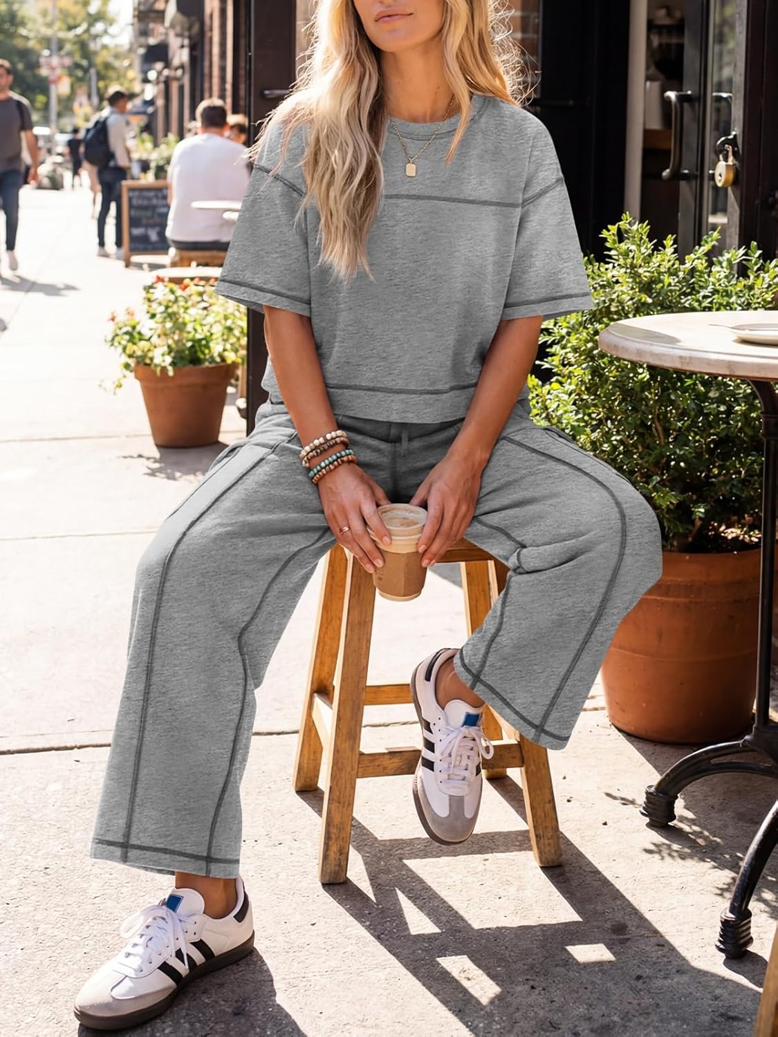 image:imageFisoew Womens 2 Piece Outfits Lounge Sets Short Sleeve Tops and Wide Leg Pants Travel Vacation Casual Matching SetsLight Grey