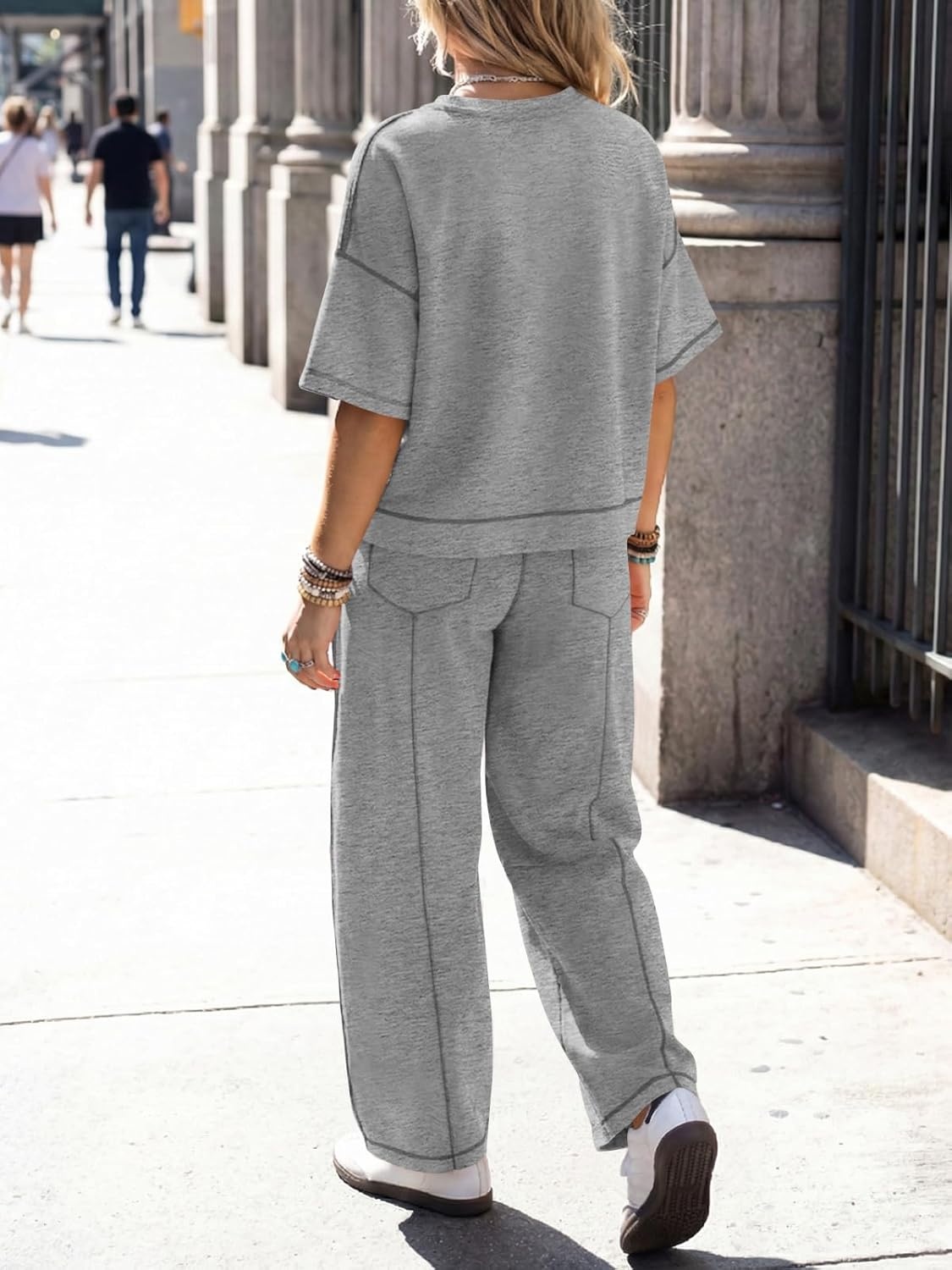 image:imageFisoew Womens 2 Piece Outfits Lounge Sets Short Sleeve Tops and Wide Leg Pants Travel Vacation Casual Matching SetsLight Grey