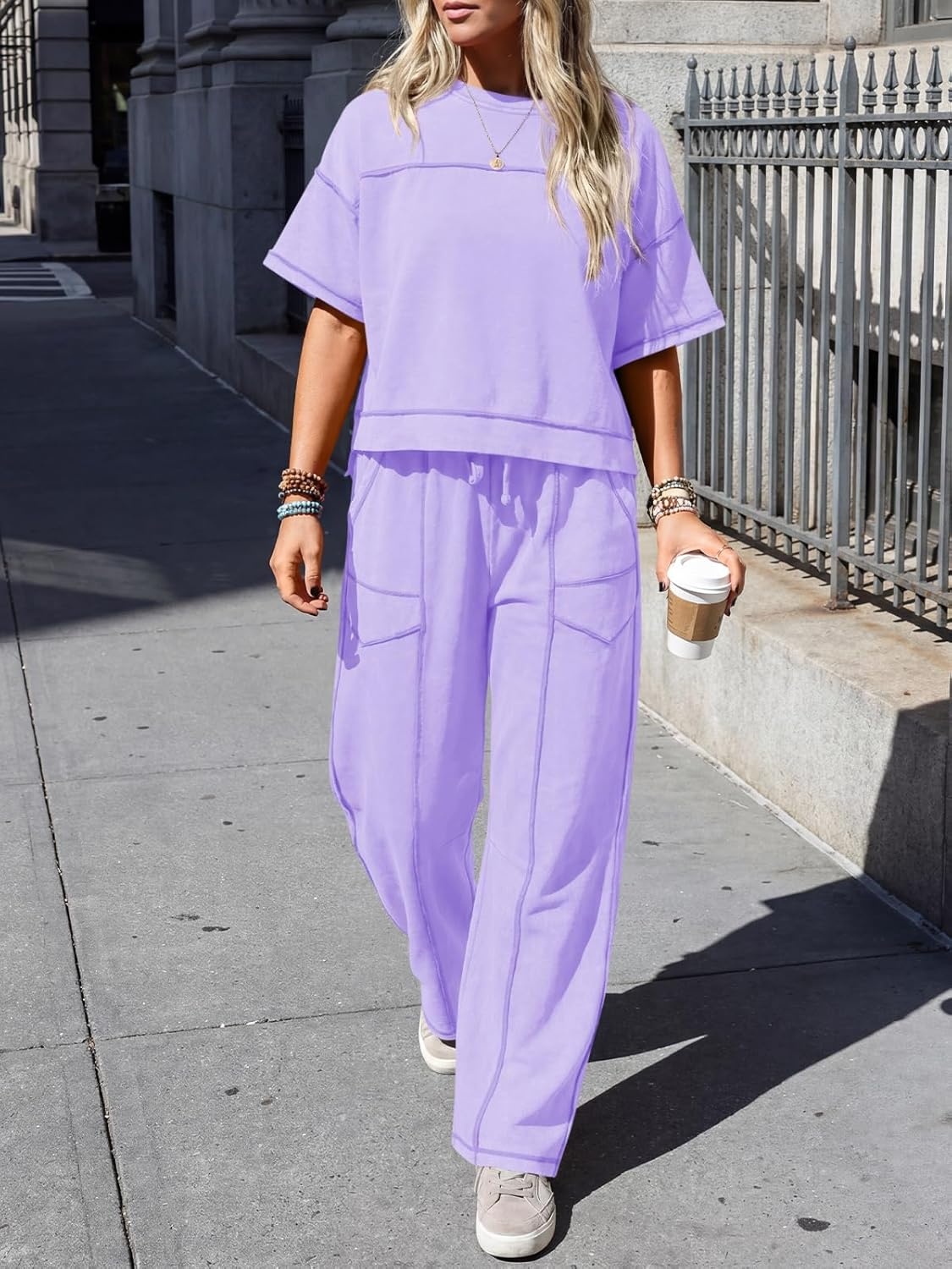image:imageFisoew Womens 2 Piece Outfits Lounge Sets Short Sleeve Tops and Wide Leg Pants Travel Vacation Casual Matching SetsViolet