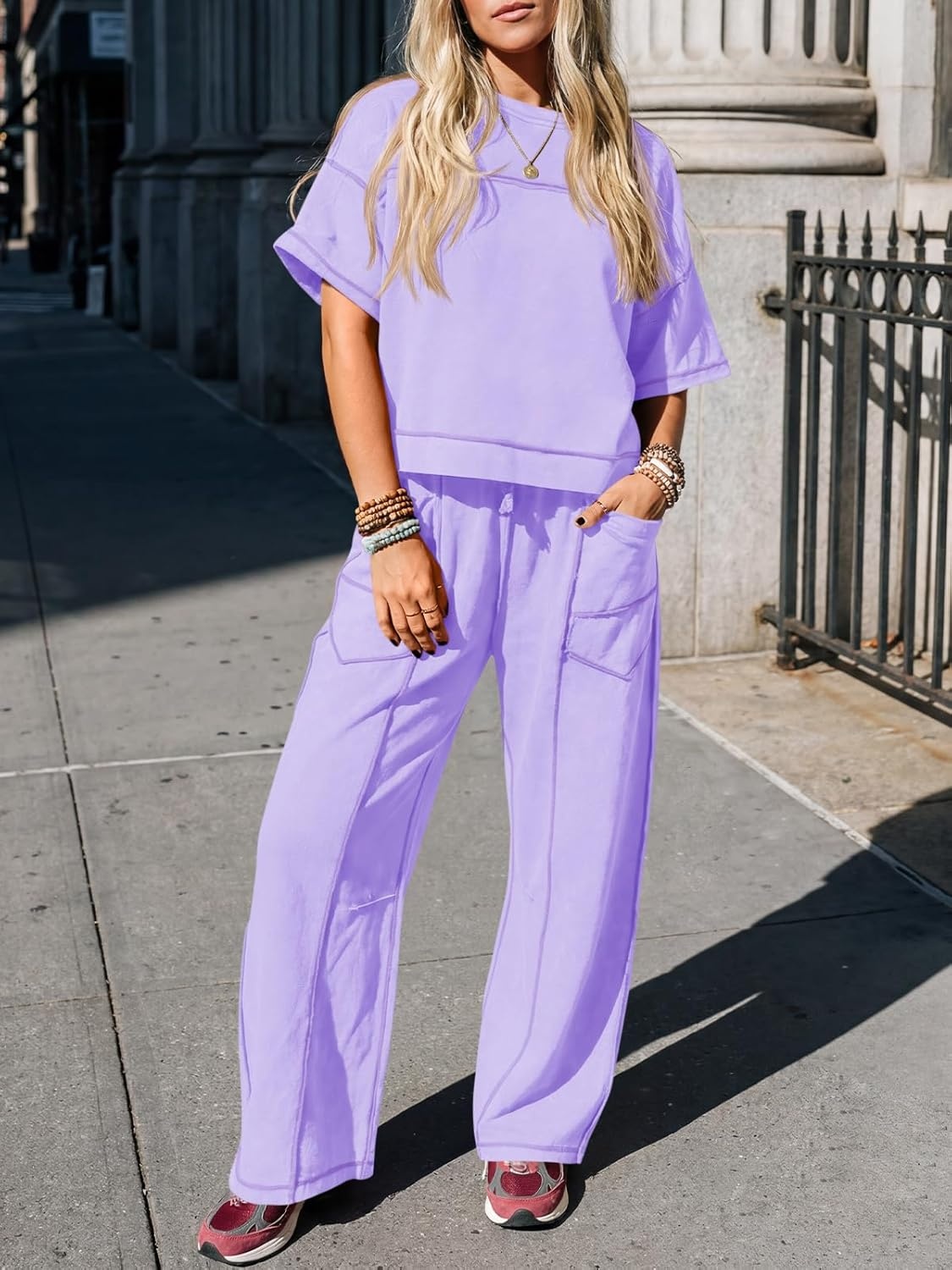 image:imageFisoew Womens 2 Piece Outfits Lounge Sets Short Sleeve Tops and Wide Leg Pants Travel Vacation Casual Matching SetsViolet
