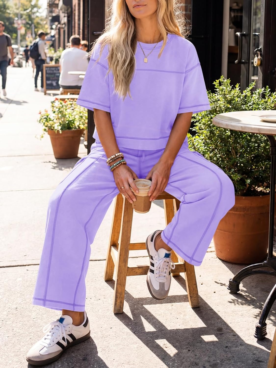 image:imageFisoew Womens 2 Piece Outfits Lounge Sets Short Sleeve Tops and Wide Leg Pants Travel Vacation Casual Matching SetsViolet