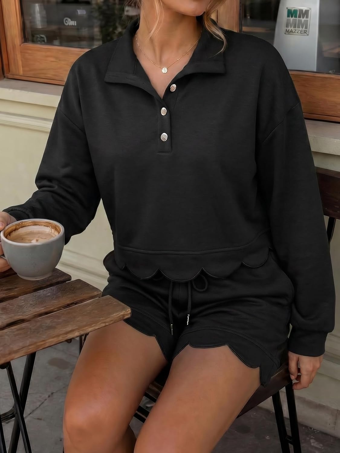 image:imageFisoew Womens 2 Piece Sets Sweatsuits Casual Half Button Long Sleeve Tops and Shorts Sweatshirt Workout Lounge SetsBlack