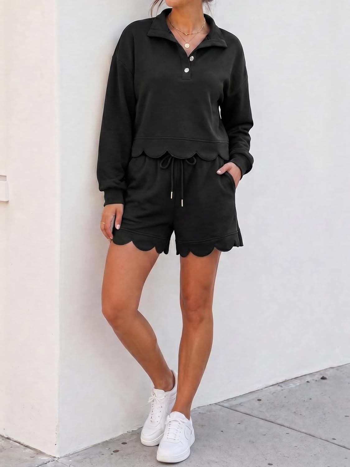 image:imageFisoew Womens 2 Piece Sets Sweatsuits Casual Half Button Long Sleeve Tops and Shorts Sweatshirt Workout Lounge SetsBlack