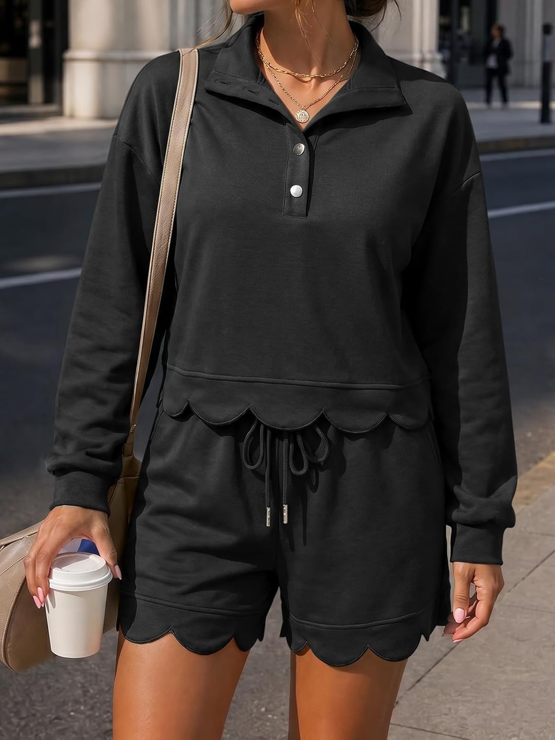 image:imageFisoew Womens 2 Piece Sets Sweatsuits Casual Half Button Long Sleeve Tops and Shorts Sweatshirt Workout Lounge SetsBlack