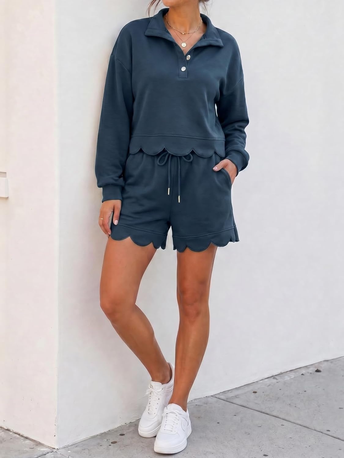 image:imageFisoew Womens 2 Piece Sets Sweatsuits Casual Half Button Long Sleeve Tops and Shorts Sweatshirt Workout Lounge SetsDark Blue