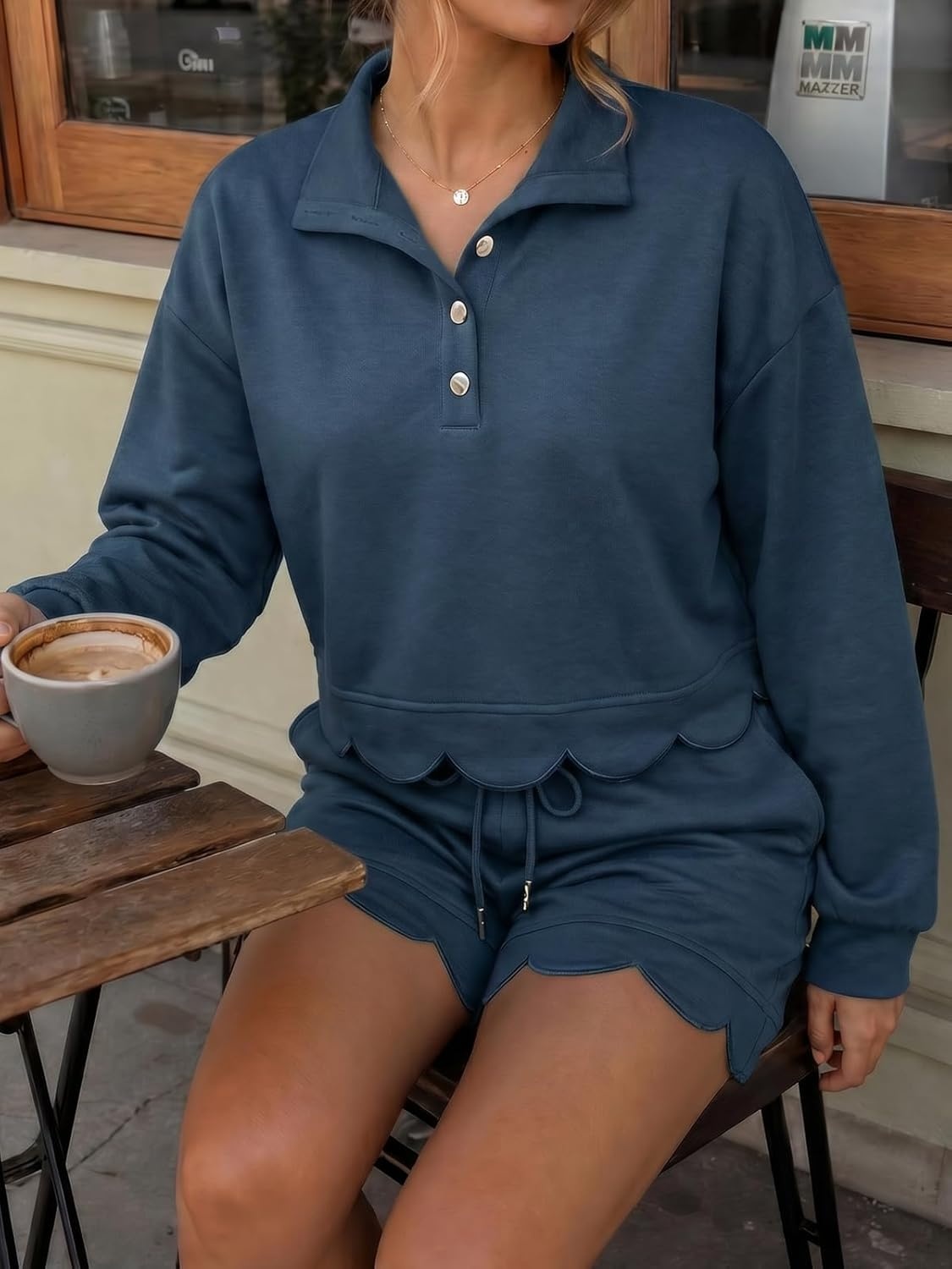 image:imageFisoew Womens 2 Piece Sets Sweatsuits Casual Half Button Long Sleeve Tops and Shorts Sweatshirt Workout Lounge SetsDark Blue