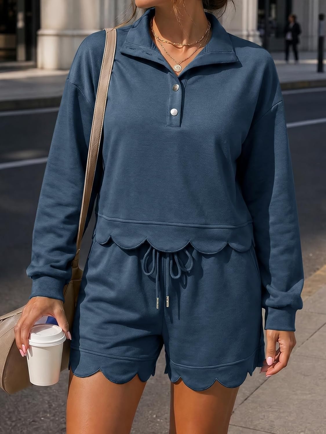 image:imageFisoew Womens 2 Piece Sets Sweatsuits Casual Half Button Long Sleeve Tops and Shorts Sweatshirt Workout Lounge SetsDark Blue