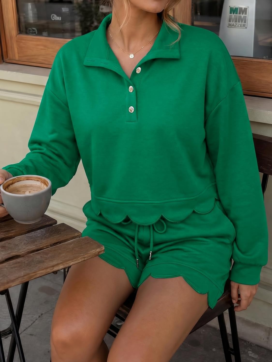 image:imageFisoew Womens 2 Piece Sets Sweatsuits Casual Half Button Long Sleeve Tops and Shorts Sweatshirt Workout Lounge SetsGreen