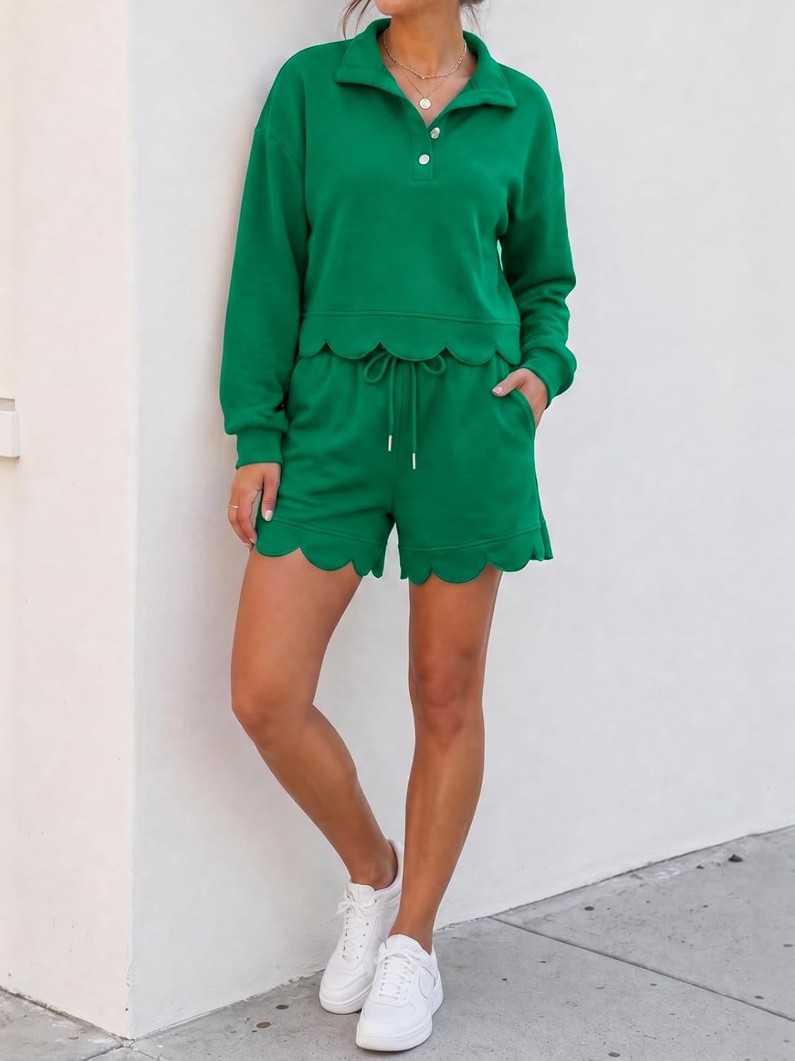 image:imageFisoew Womens 2 Piece Sets Sweatsuits Casual Half Button Long Sleeve Tops and Shorts Sweatshirt Workout Lounge SetsGreen