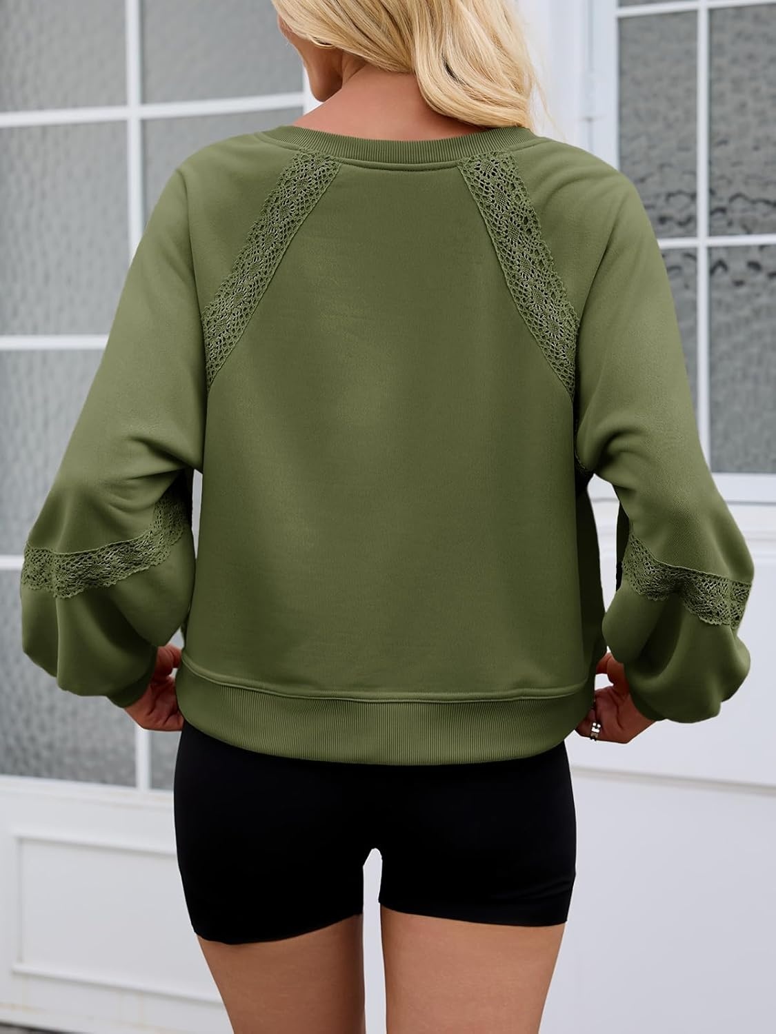image:imageFisoew Womens Casual Sweatshirt Lantern Long Sleeve V Neck Lace Loose Fit Fall Pullover TopsArmy Green
