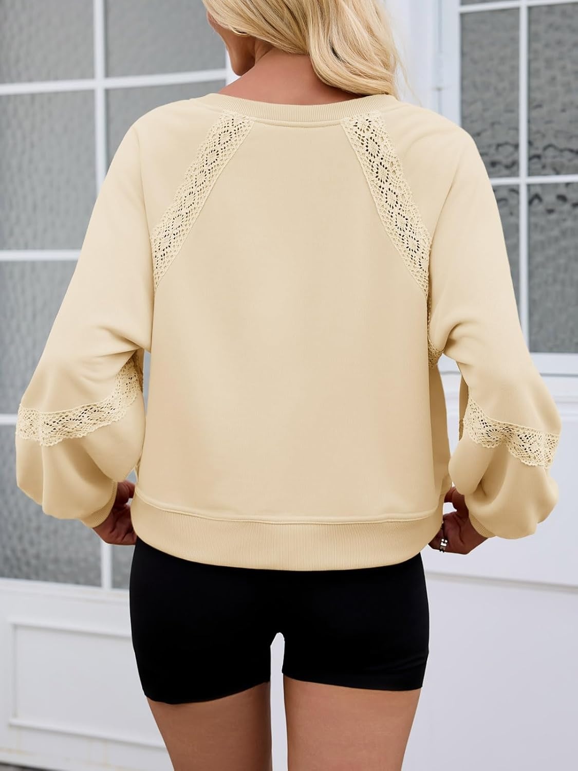 image:imageFisoew Womens Casual Sweatshirt Lantern Long Sleeve V Neck Lace Loose Fit Fall Pullover TopsBeige