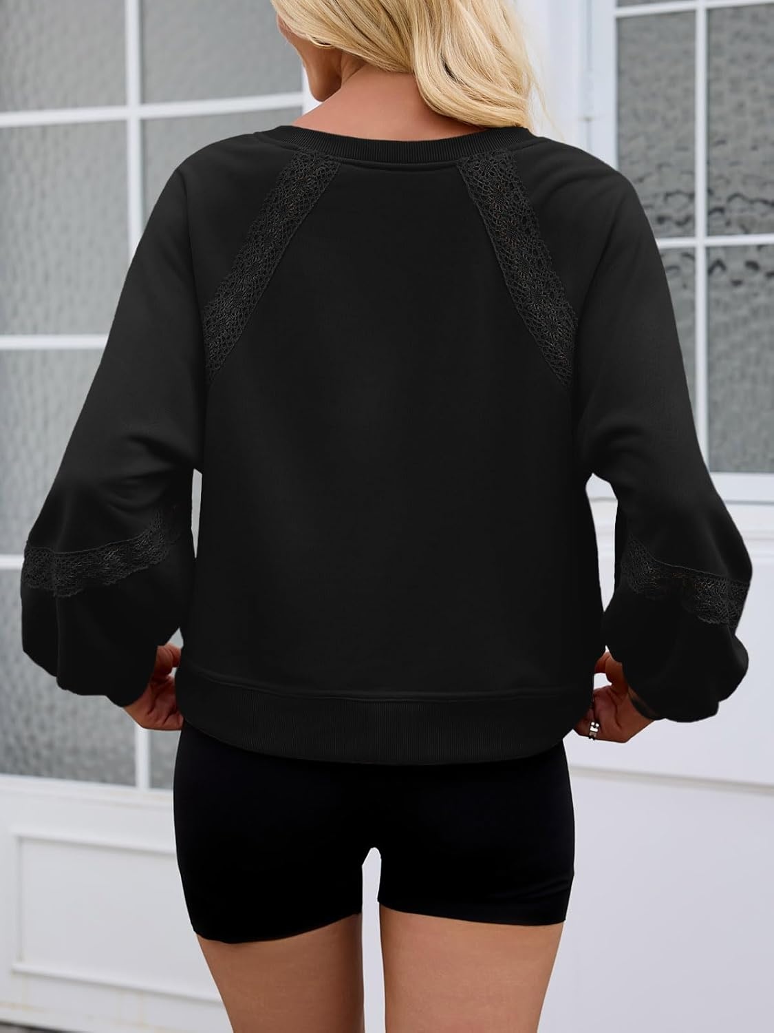image:imageFisoew Womens Casual Sweatshirt Lantern Long Sleeve V Neck Lace Loose Fit Fall Pullover TopsBlack