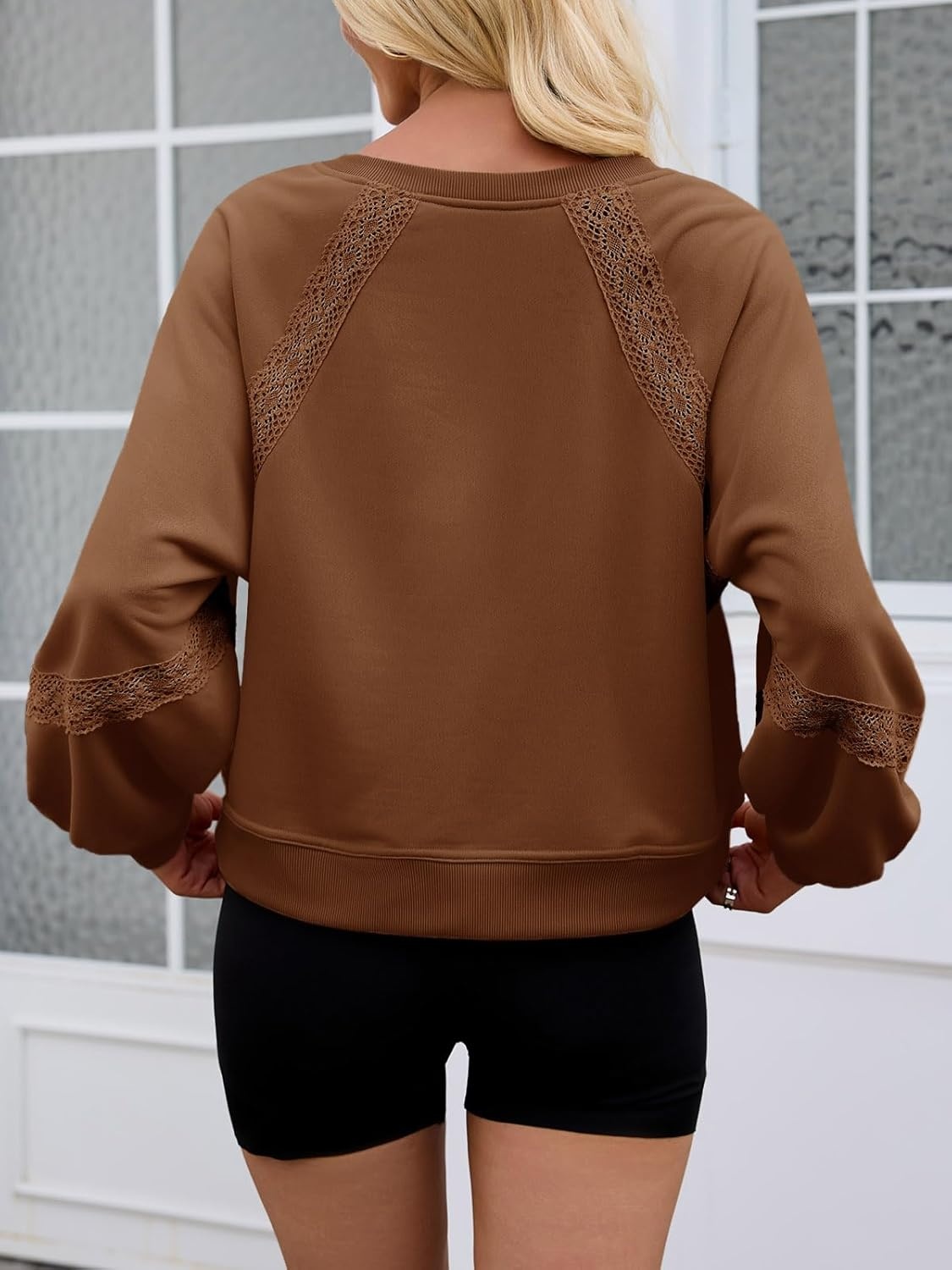 image:imageFisoew Womens Casual Sweatshirt Lantern Long Sleeve V Neck Lace Loose Fit Fall Pullover TopsCoffee
