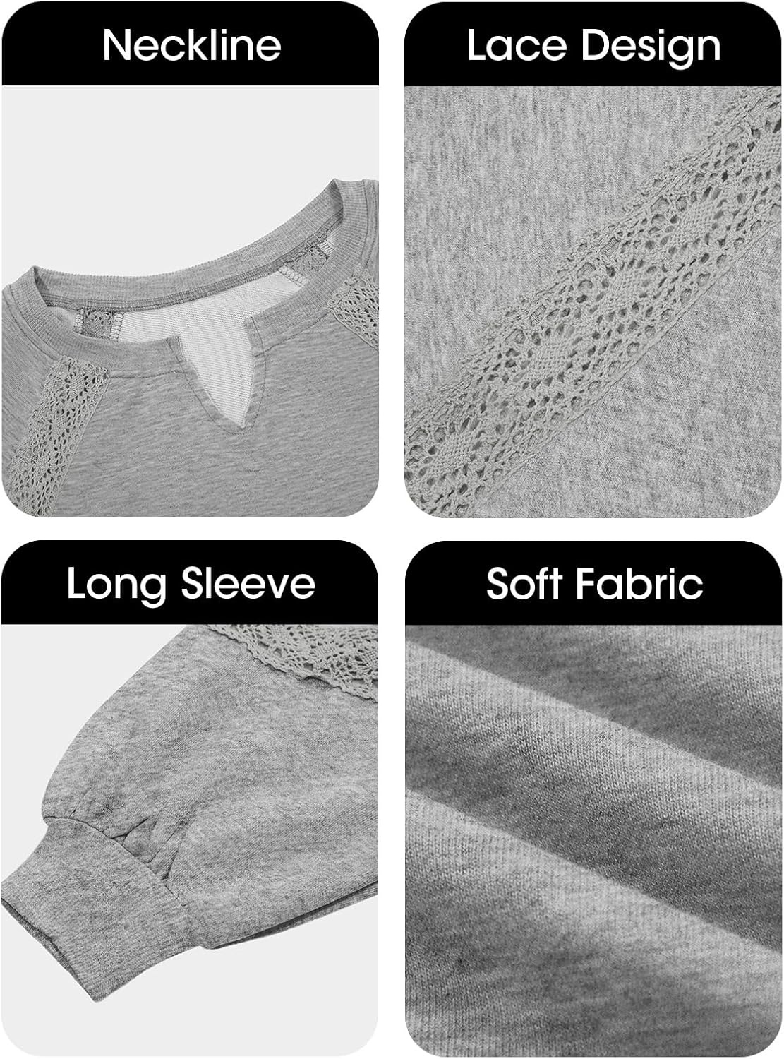 image:imageFisoew Womens Casual Sweatshirt Lantern Long Sleeve V Neck Lace Loose Fit Fall Pullover TopsGrey