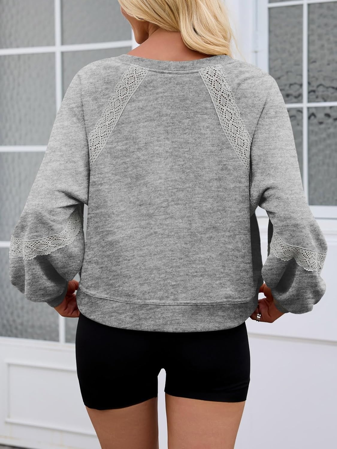 image:imageFisoew Womens Casual Sweatshirt Lantern Long Sleeve V Neck Lace Loose Fit Fall Pullover TopsGrey