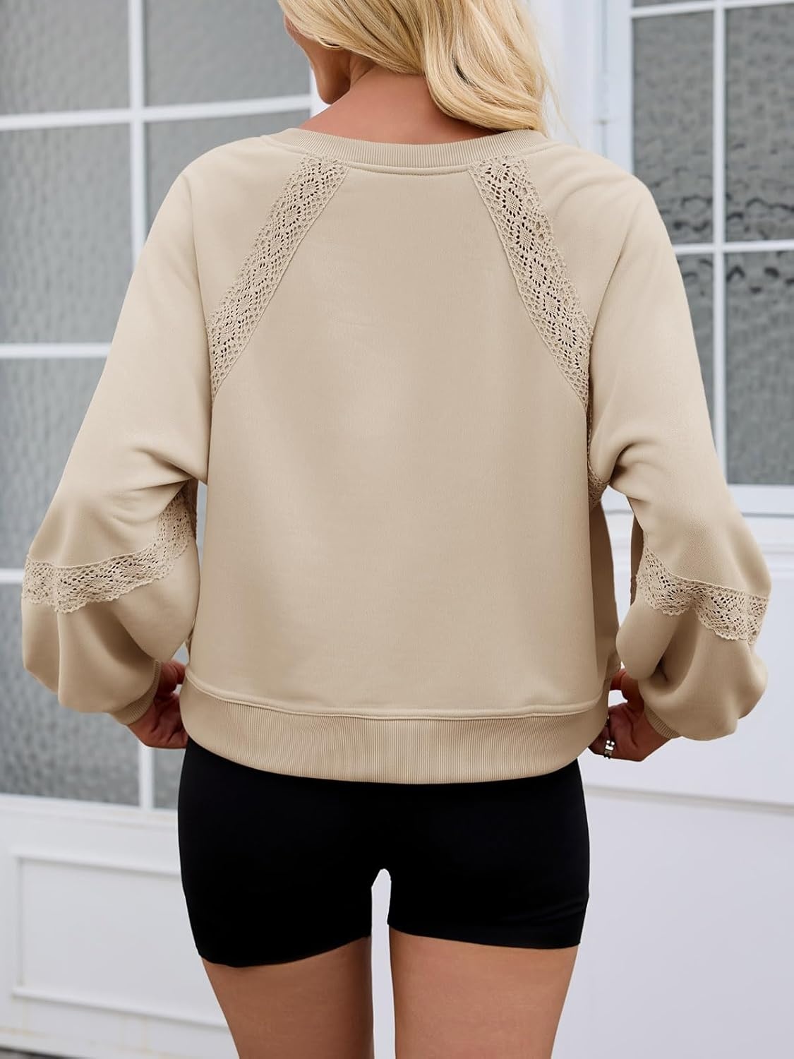 image:imageFisoew Womens Casual Sweatshirt Lantern Long Sleeve V Neck Lace Loose Fit Fall Pullover TopsKhaki