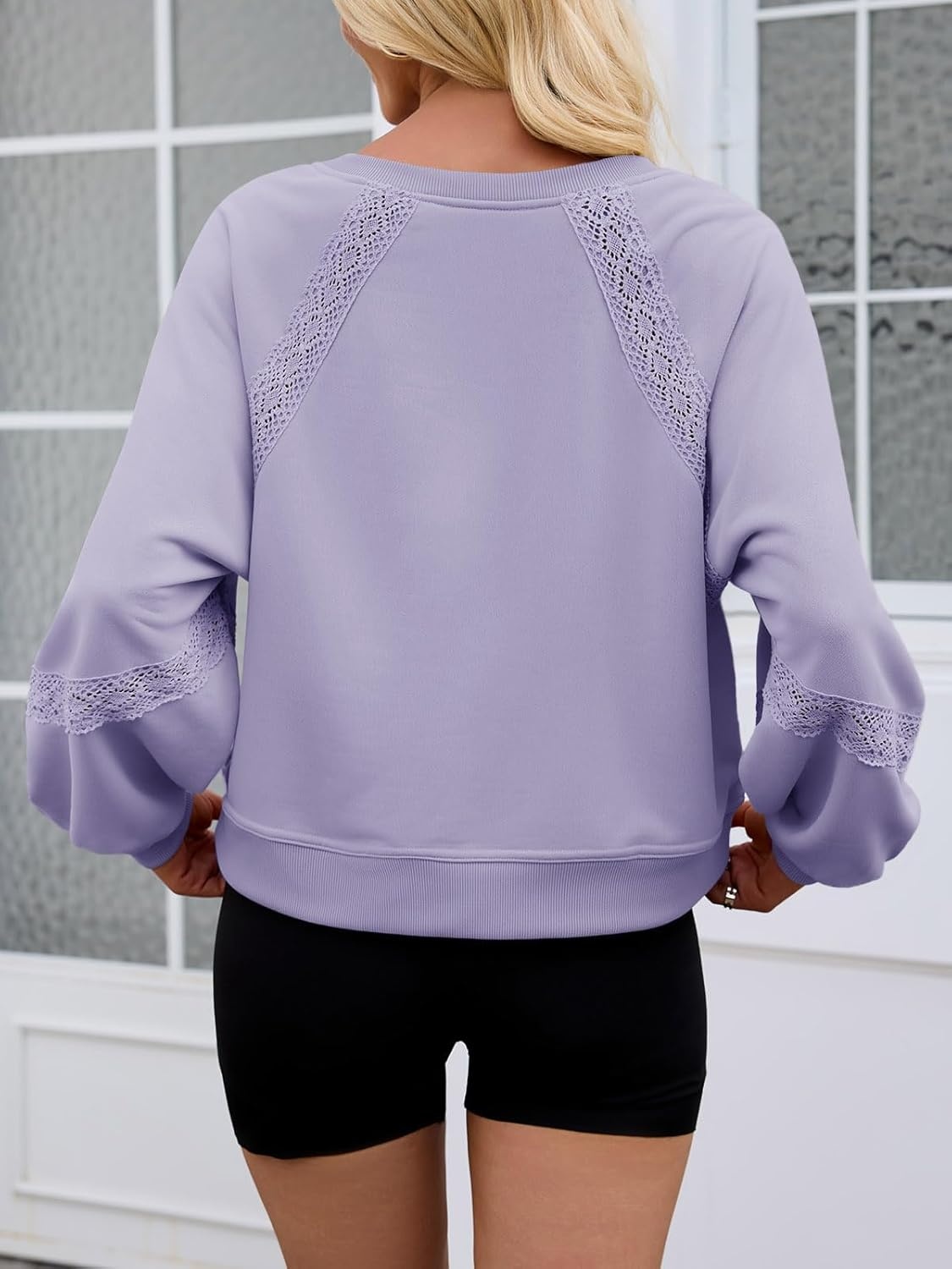 image:imageFisoew Womens Casual Sweatshirt Lantern Long Sleeve V Neck Lace Loose Fit Fall Pullover TopsLavender